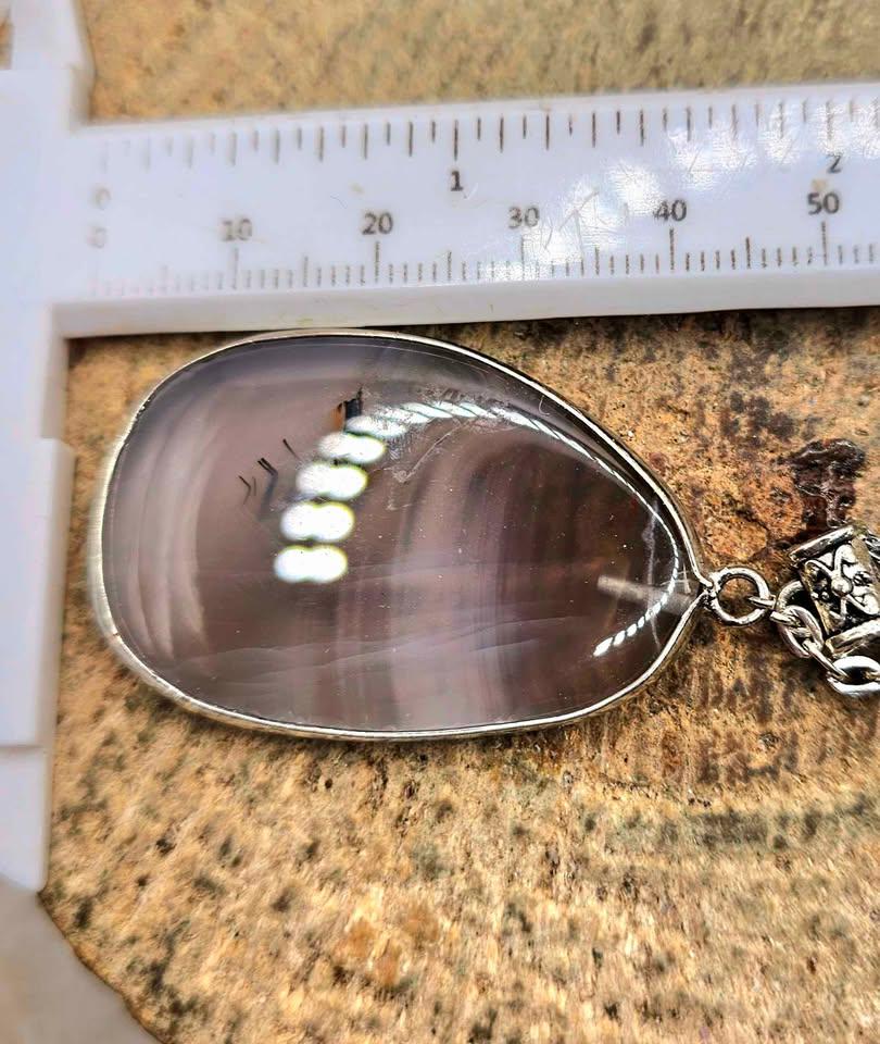 Nature Gray Agate Slice Rose Charm Big Pendant Necklace