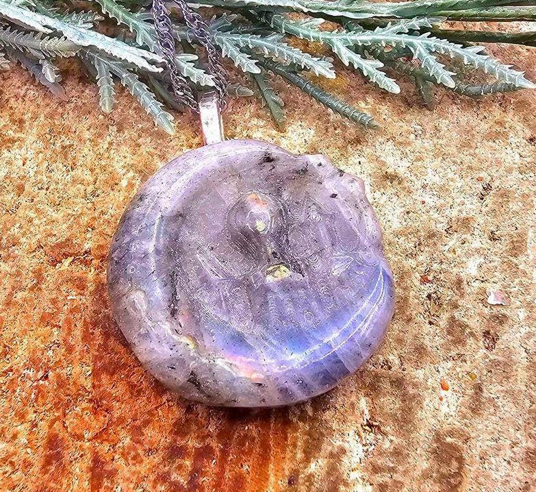 Nature Labradorite Rainbow Flash Hand Carved Castle On Moon Pendant Necklace