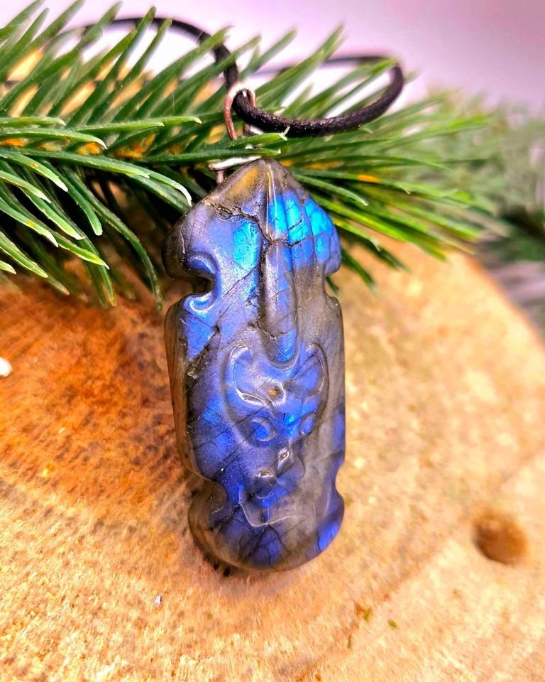 Nature Labradorite Carved Evil Shield Pendant Necklace