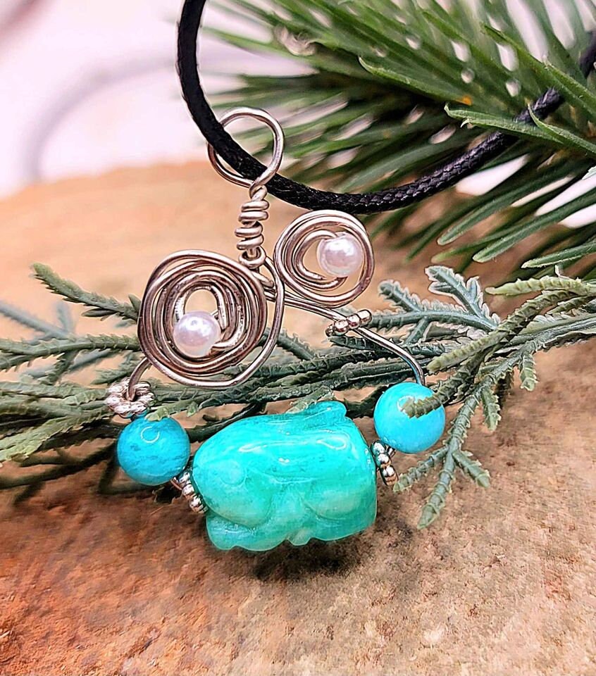 Beautiful Nature Amazonite Hand Carved Rabbit Wire Wrapped Pendant Necklace