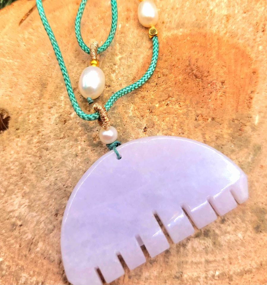 Beautiful Certified Nature Jade Hand Carved Comb Pendant With Pearl Adjustable Necklace