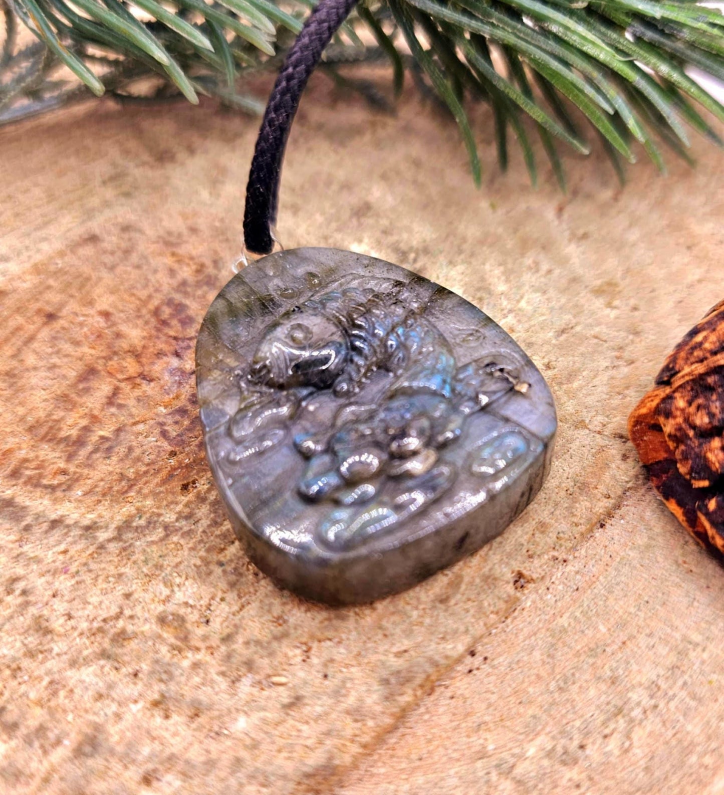 Nature Labradorite Carved Flashy Lotus & Carp Pendant Necklace