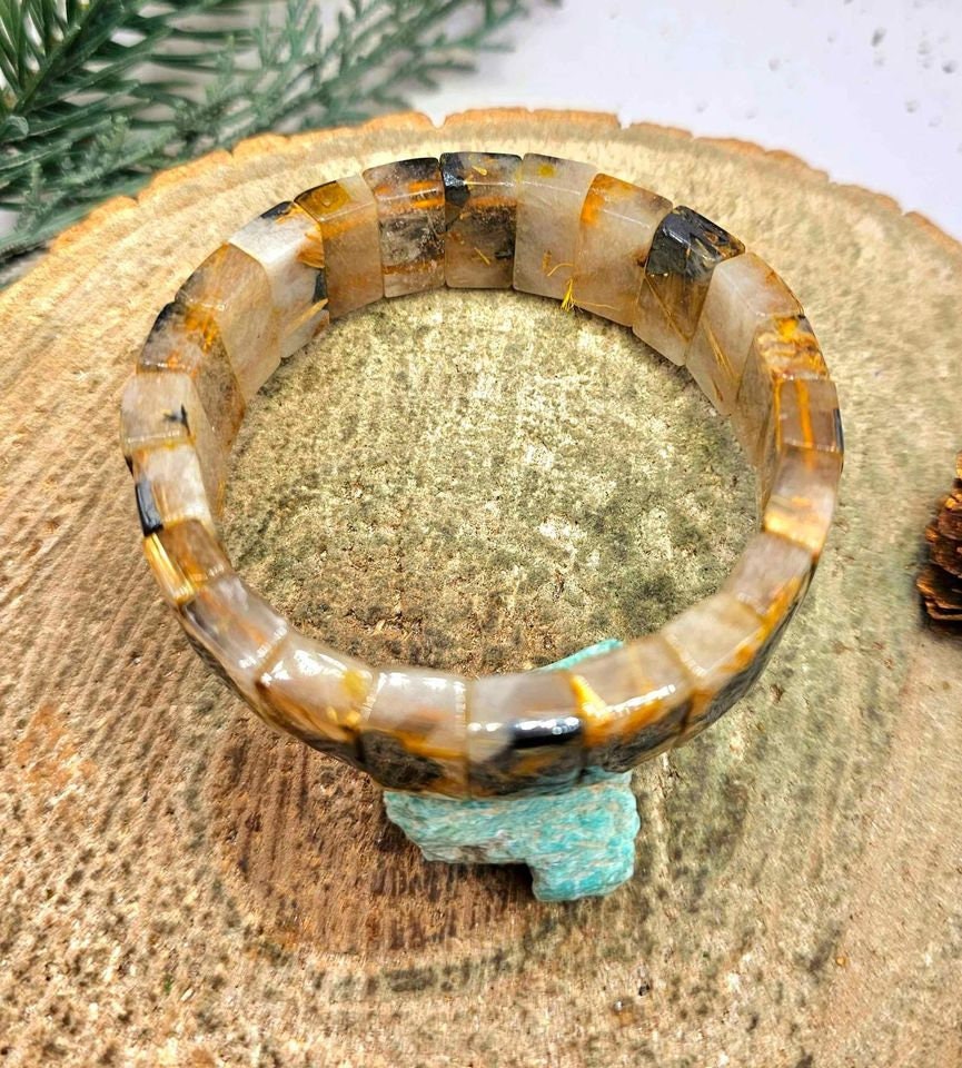 Premium Gold Rutilated Titanium Flower Rectangular Beads Feng Shui Bracelet