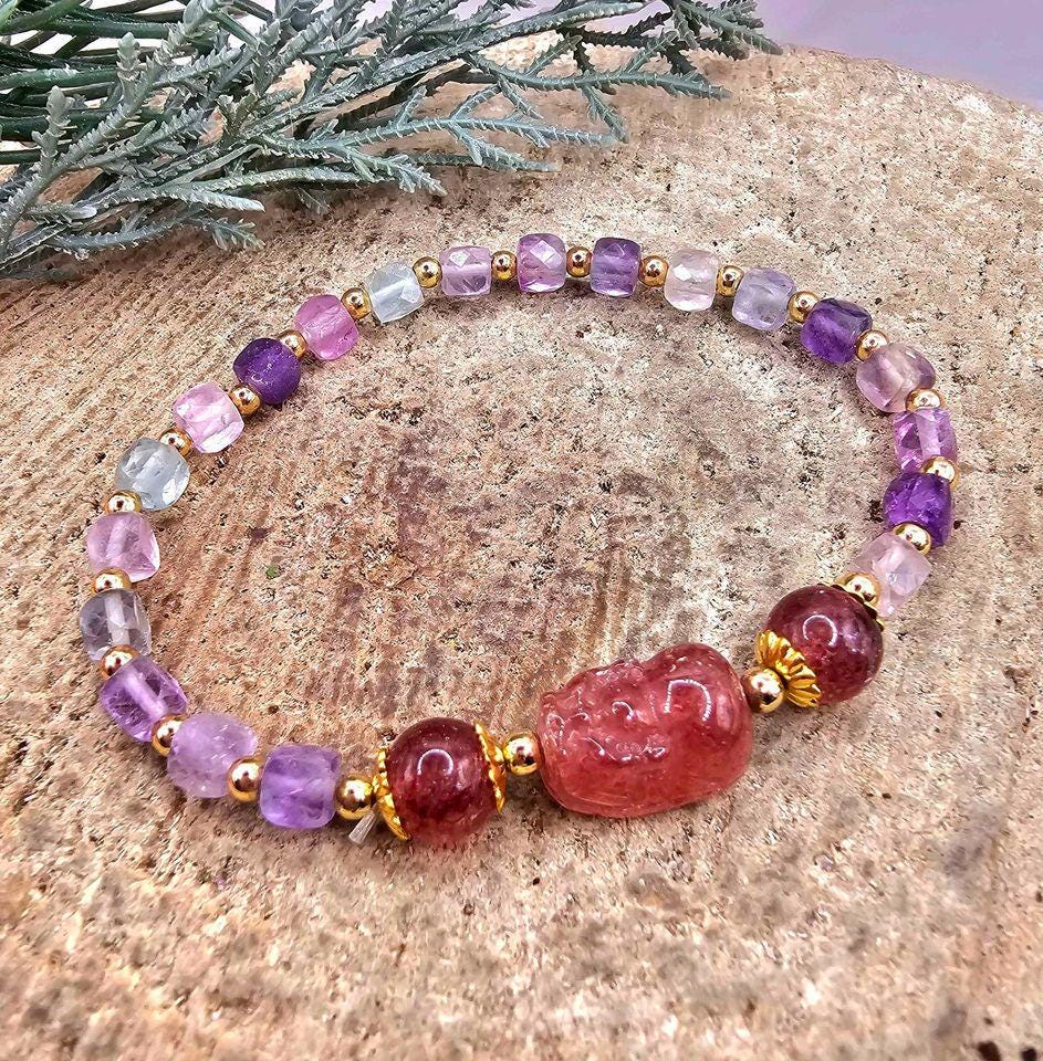 Nature Mixed Colors Fluorite Strawberry Quartz Pi Xiu Bracelet