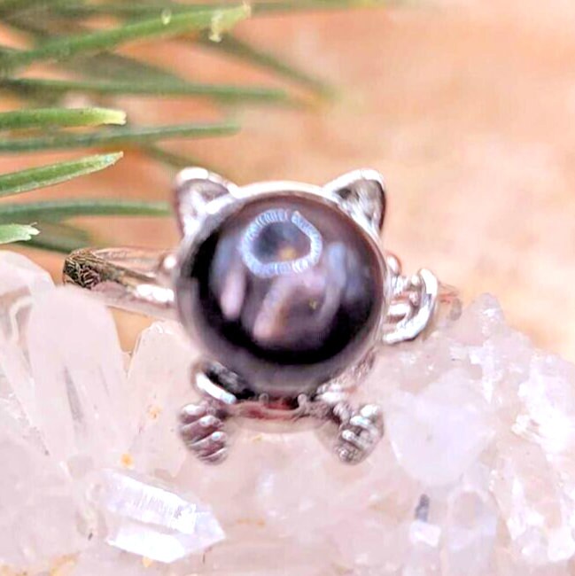 Adorable Nature Hypersthene Cat Eye Flash Silver Cat Design Adjustable Ring