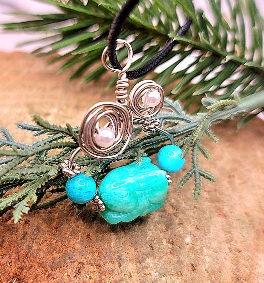 Beautiful Nature Amazonite Hand Carved Rabbit Wire Wrapped Pendant Necklace