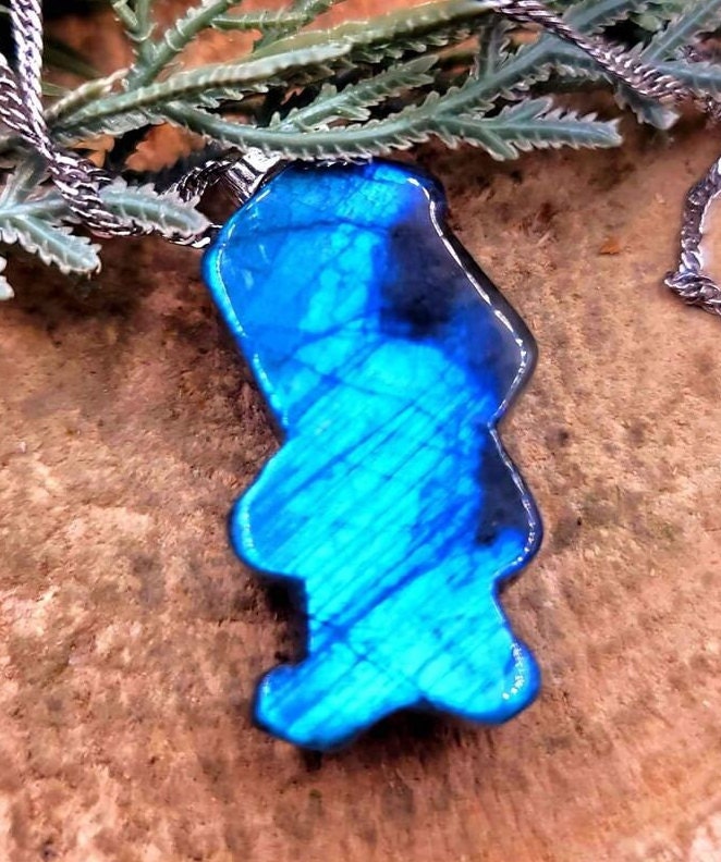 Nature Labradorite Flashy Carved Cute Dog Pendant Necklace