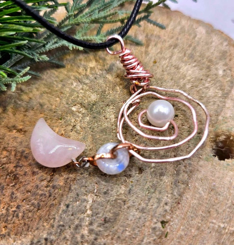 Unique Nature Moon Stone & Rose Quartz Moon Wire Wrapped Orbit Pendant Necklace