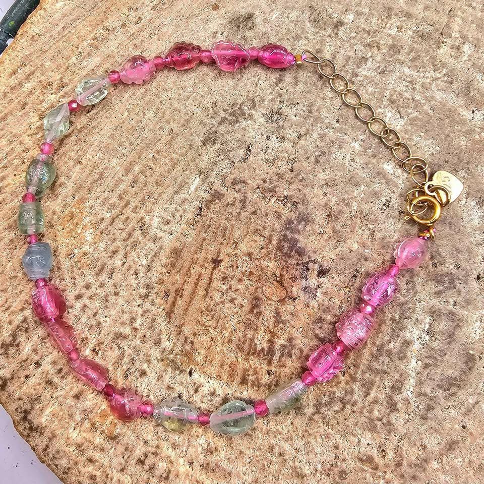 Premium Grade Nature Tourmaline Hand Carve Ruffled Candy 925 Bracelet