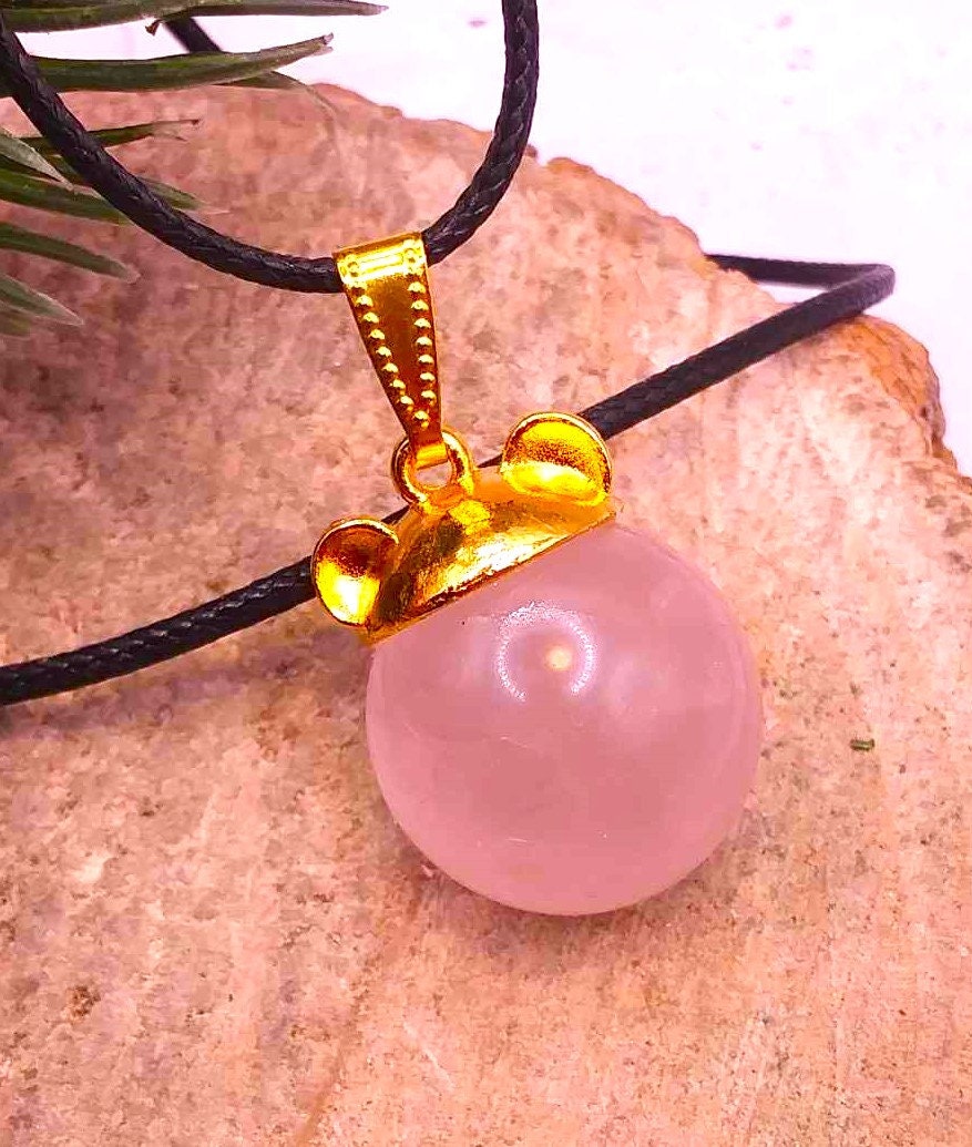 Cute Nature Rose Quartz Sphere Gold Bear Head Pendant Necklace