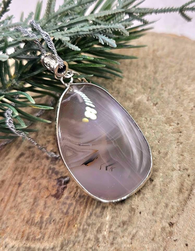Nature Gray Agate Slice Rose Charm Big Pendant Necklace
