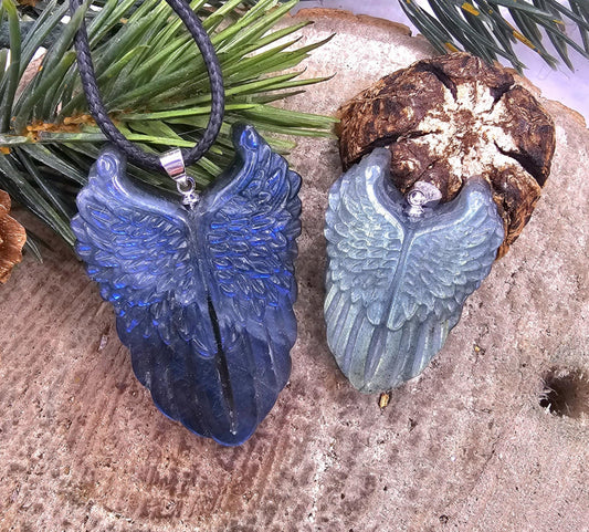 Nature Labradorite Carved Flashy Angel Wing Pendant Necklace