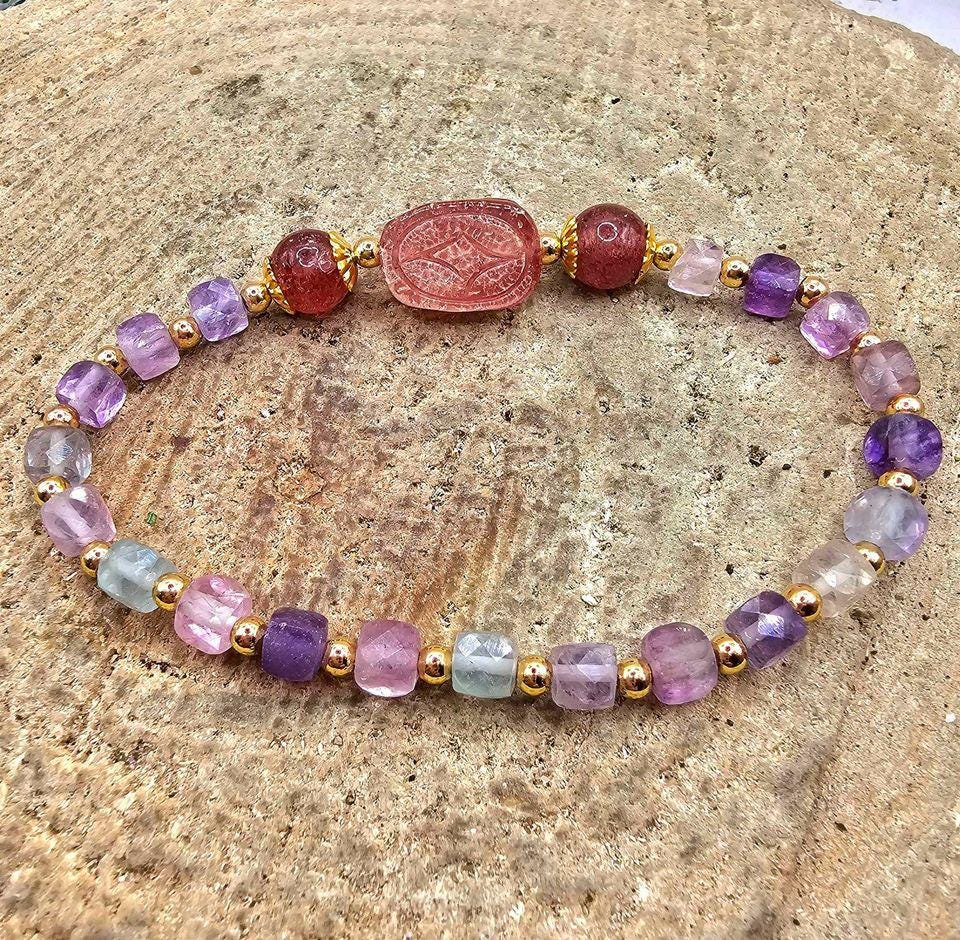 Nature Mixed Colors Fluorite Strawberry Quartz Pi Xiu Bracelet