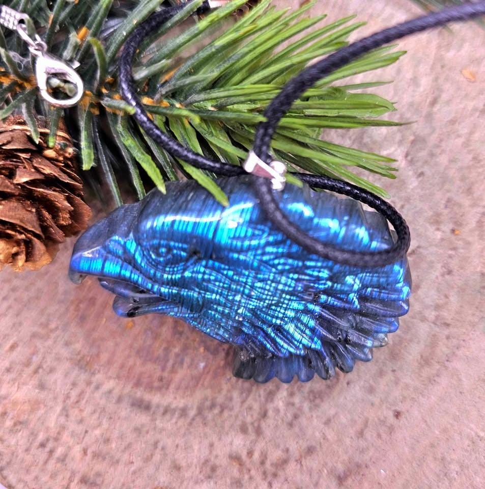 Nature Labradorite Flashy Strong Eagle Head Pendant Necklace