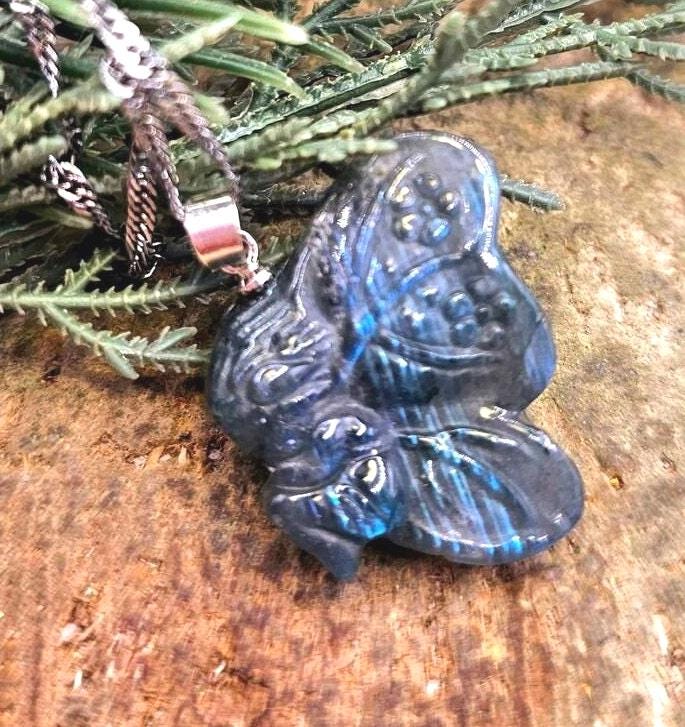 Nature Labradorite Carved Flashy Sleeping Butterfly Fairy Pendant Necklace