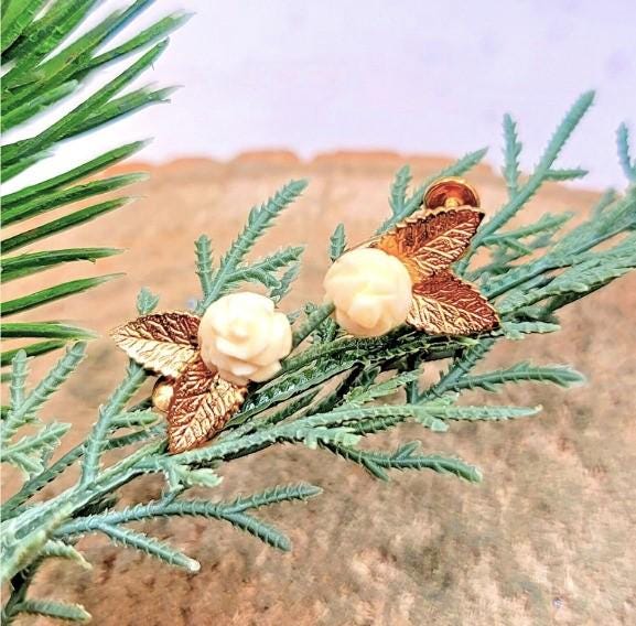 14K Gold Filled AMCO Floral Leaf Rose Brooch & Screw Back Earring