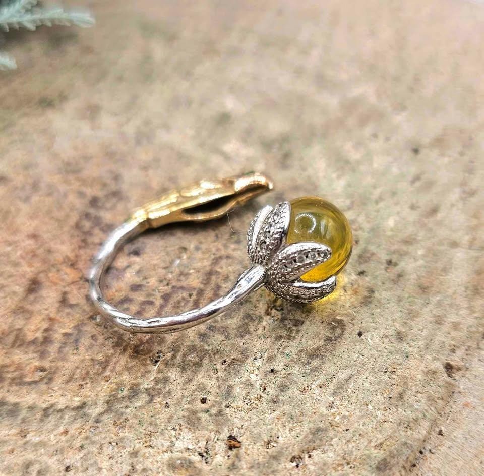 Genuine Mexico Blue Amber Sterling Silver Parrot Open Ring