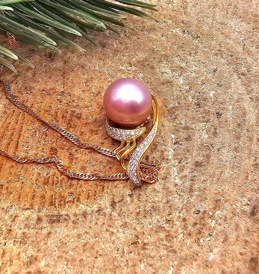 Nature Pinkish Purple Pearl S925 CZ Stone Pendant Necklace