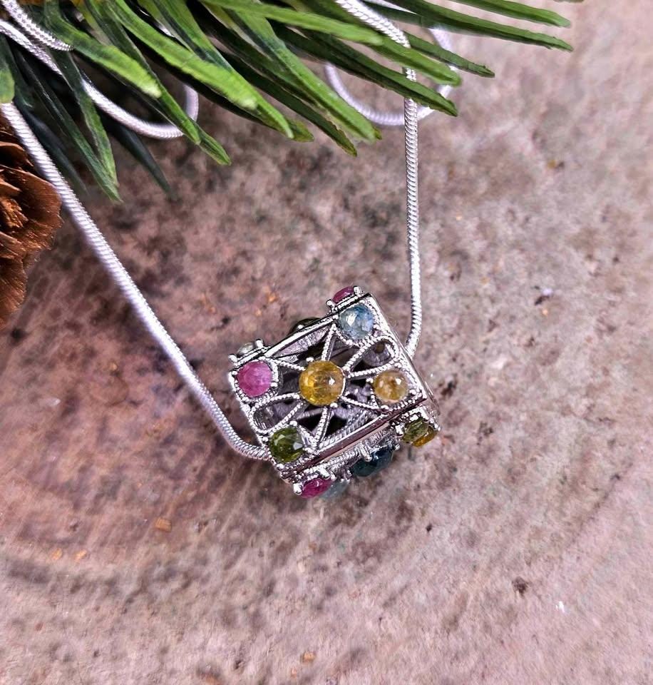 Nature Rainbow Faceted Tourmaline Rectangular Cage Pendant Necklace