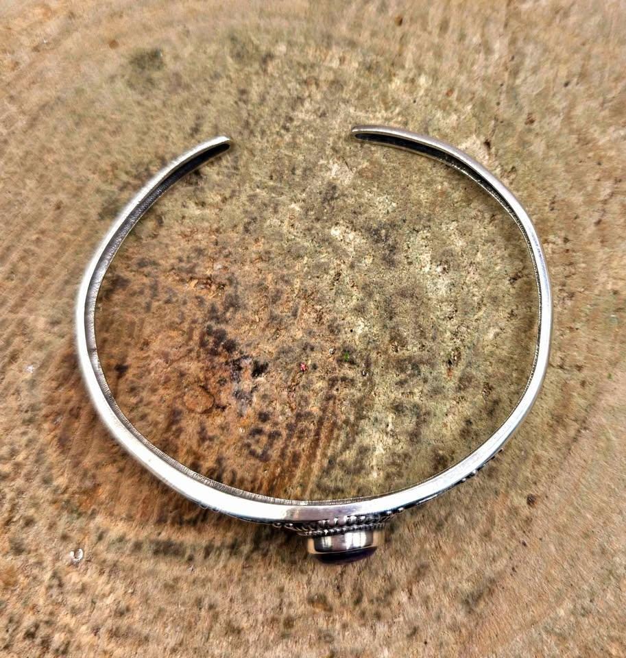 Nature Sugilite Sterling Silver S925 Stamped Cuff Bangle