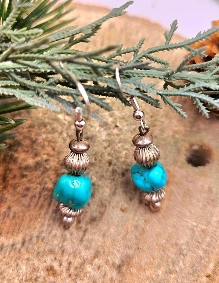 Beautiful Nature Turquoise Raw Stone Sterling S925 Dangle Earring