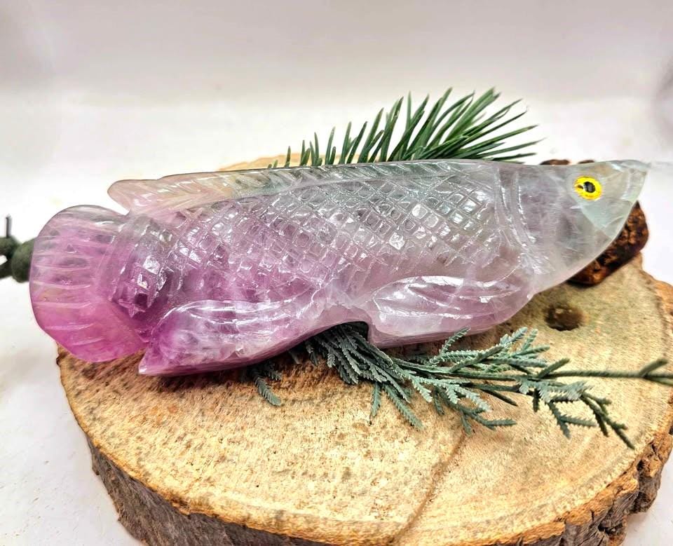 Rare Nature Fluorite Hand Carved 5.5" Fish Figure
