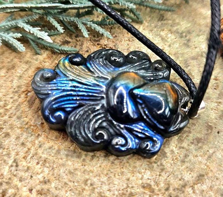 Nature Labradorite Carved Flying Nine Tails Fox Pendant Necklace