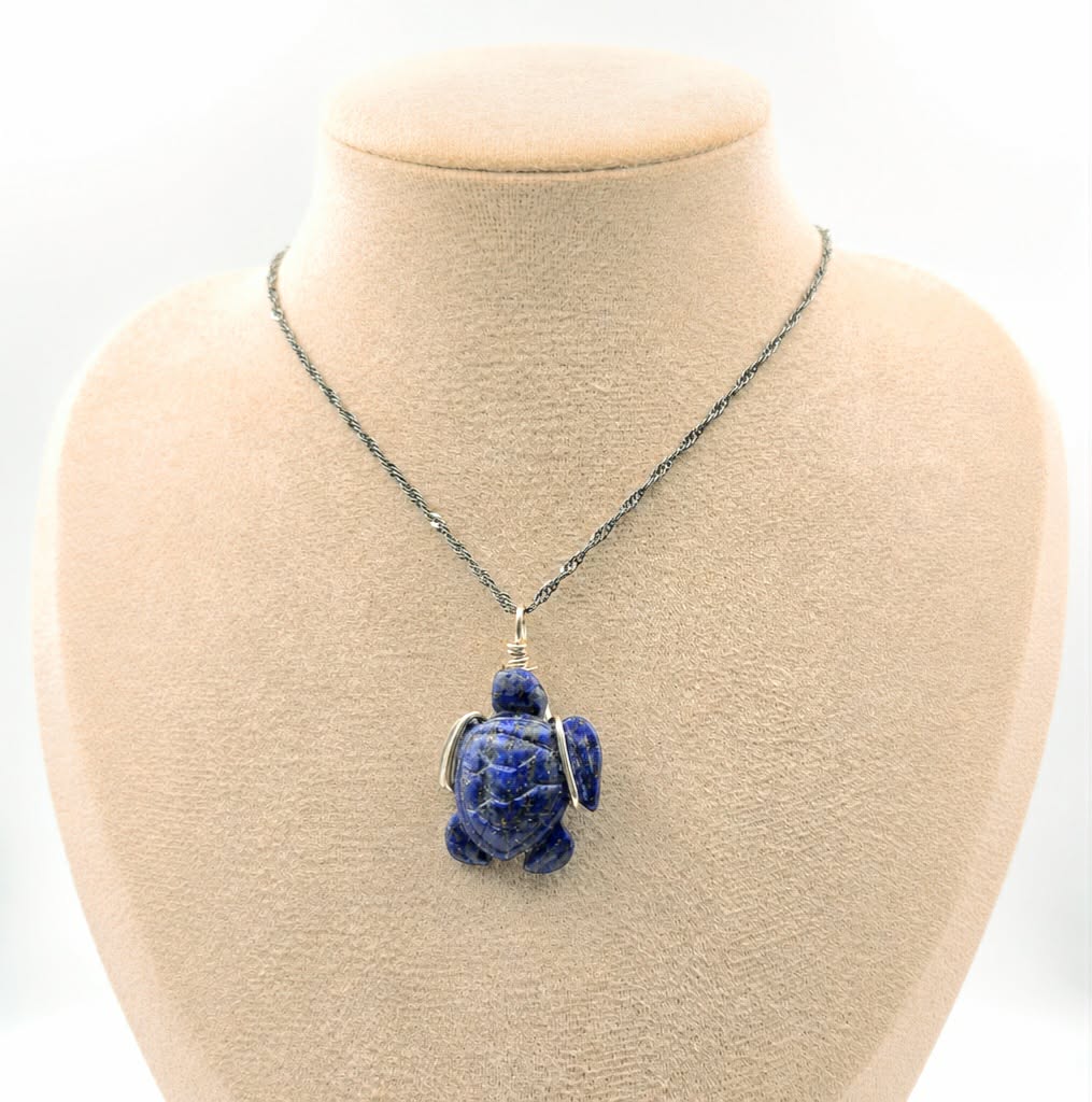 Natural lapis lazuli carved cute turtle wire wrapped crystal pendant necklace — My Aura Gemstones