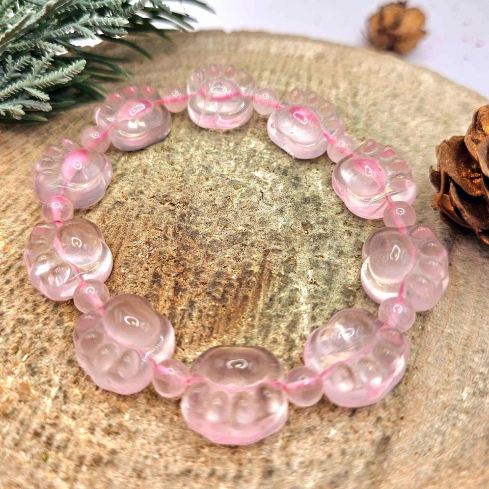 Premium Nature Rose Quartz Carved Cute Paw Beads Bracelet