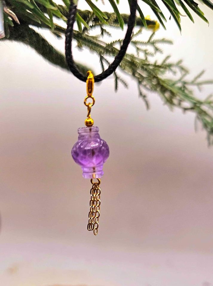 Unique Nature Amethyst Hand Carved Oriental Lantern Pendant Necklace