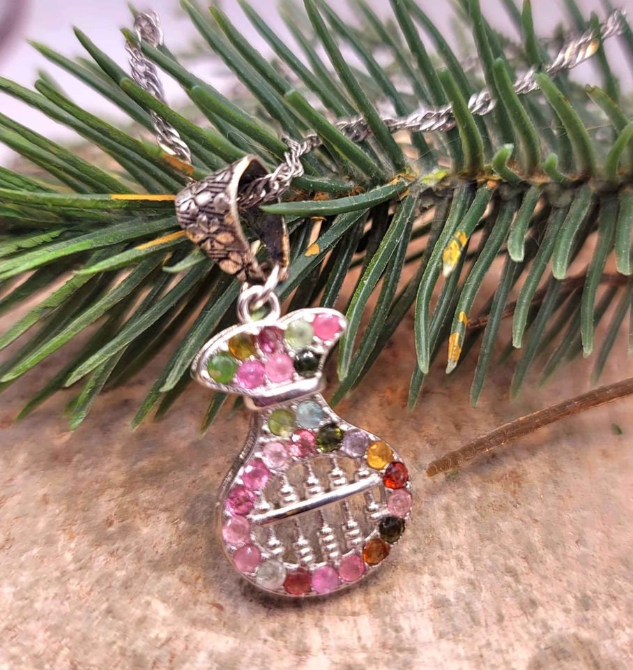 Unique Nature Mixed Color Tourmalines Coin Bag Shape Abacus Pendant Necklace