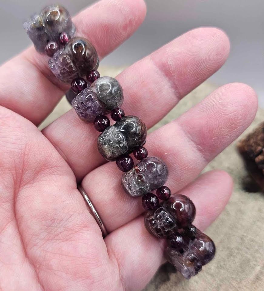 Rare Nature Auralite 23 Hand Carved Pi Xiu Purple Garnet Feng Shui Bracelet
