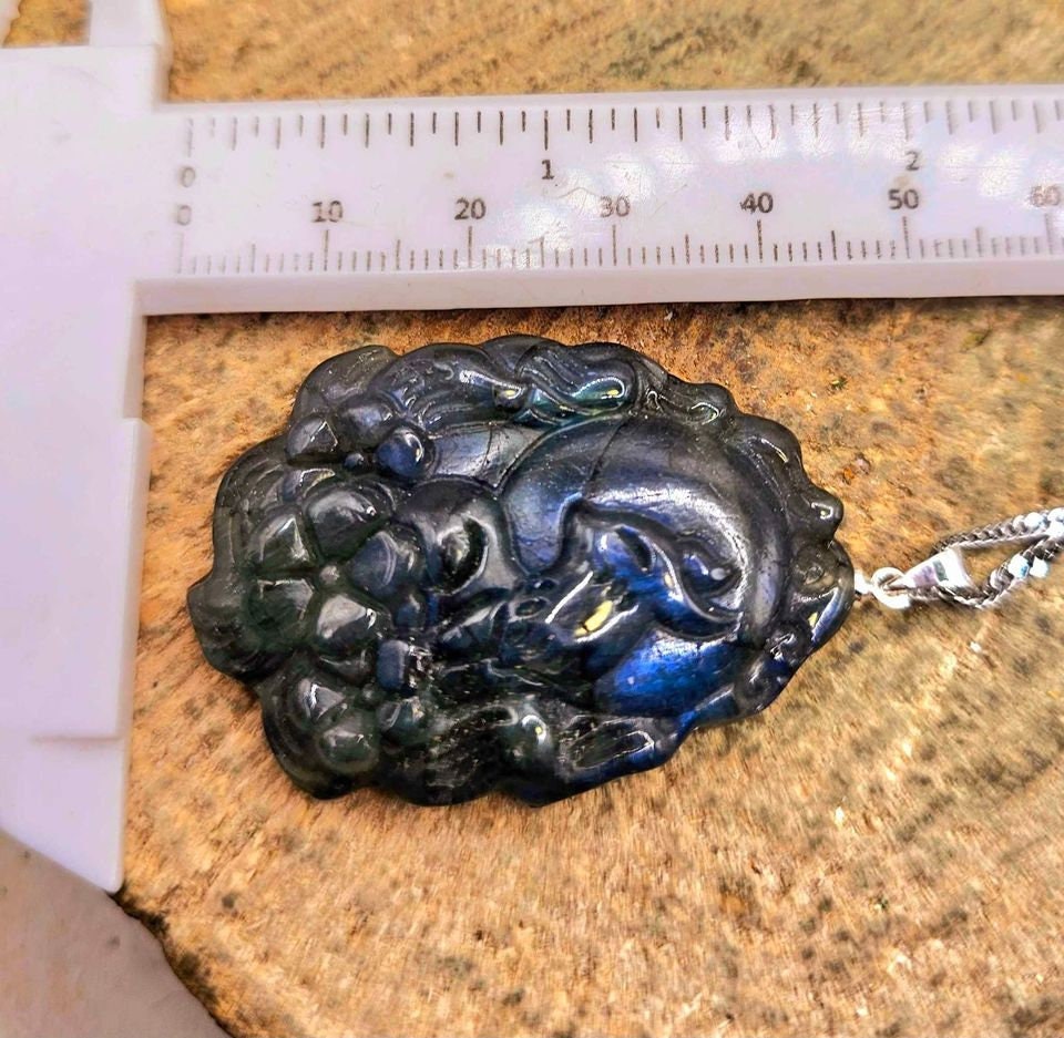Beautiful Nature Labradorite Nine Tails Fox Cherry Blossom Pendant Necklace