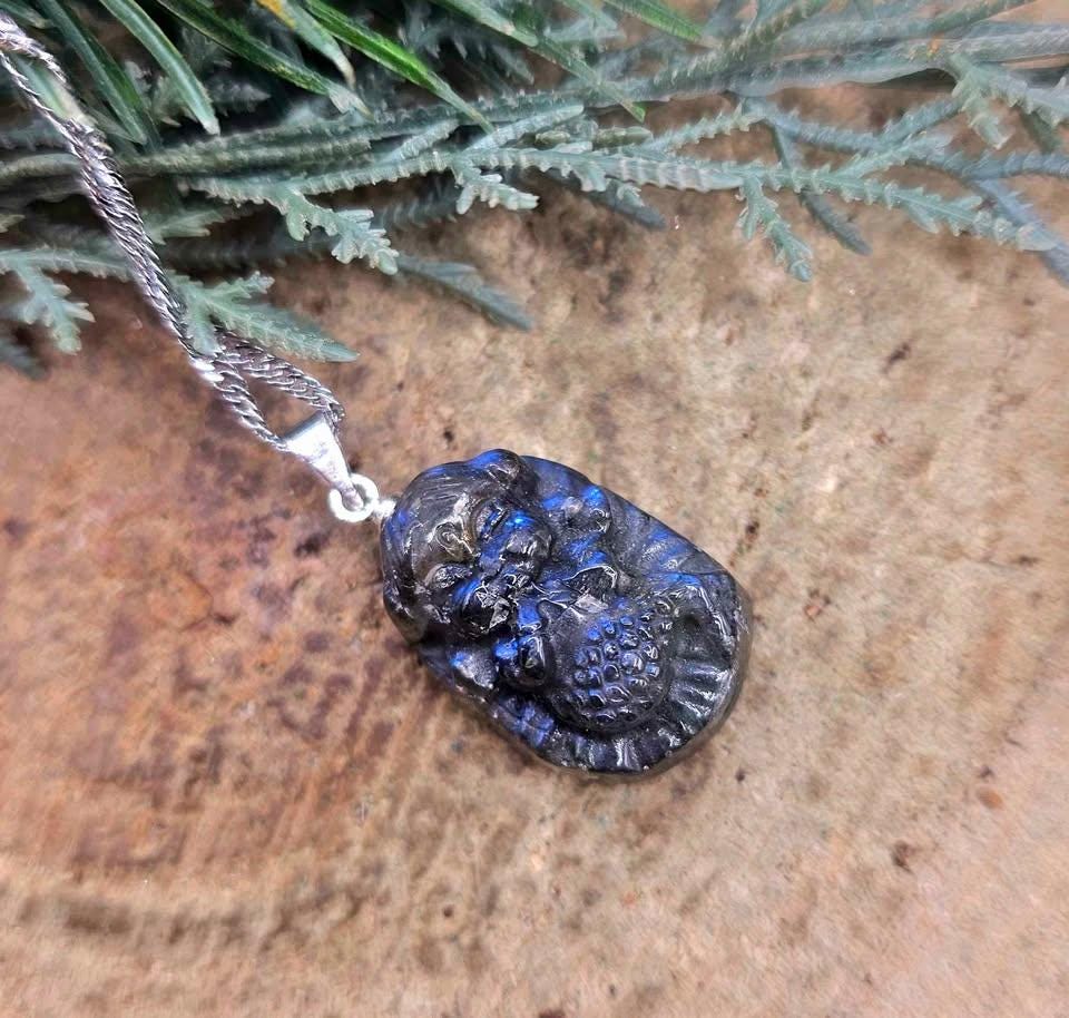 Nature Labradorite Carved Flashy Praying Mermaid Pendant Necklace
