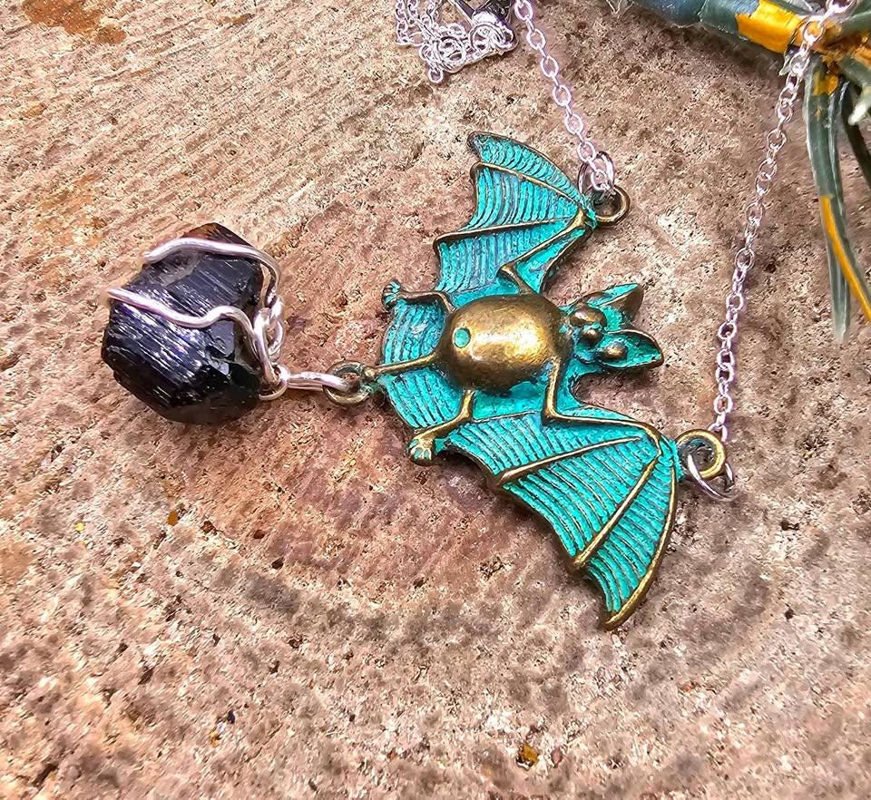 Flying Bat Nature Black Tourmaline Raw Stone Pendant Necklace