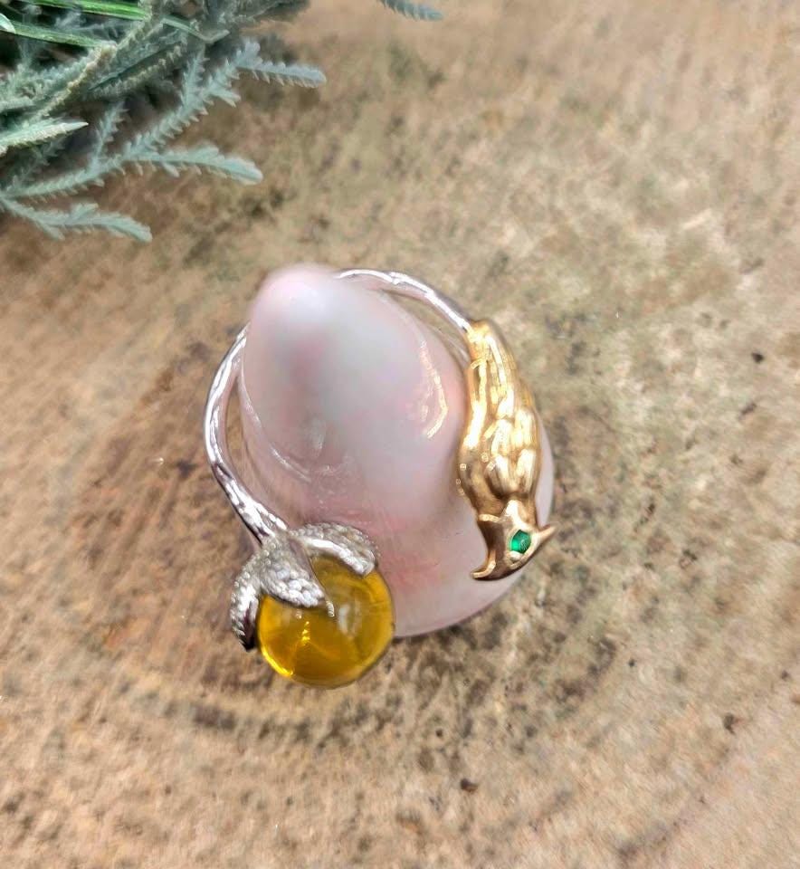 Genuine Mexico Blue Amber Sterling Silver Parrot Open Ring