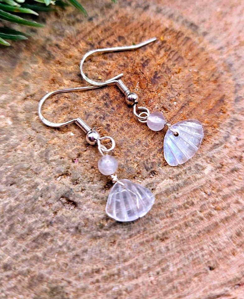 Beautiful Nature Moonstone Flashy Hand Carved Shell S925 Dangle Earring