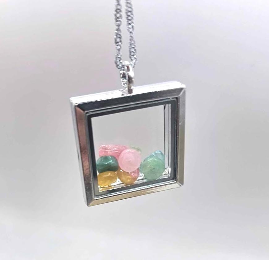 Nature Rainbow Tourmaline Beads Filled Silver Openable Floating Locket Pendant Necklace