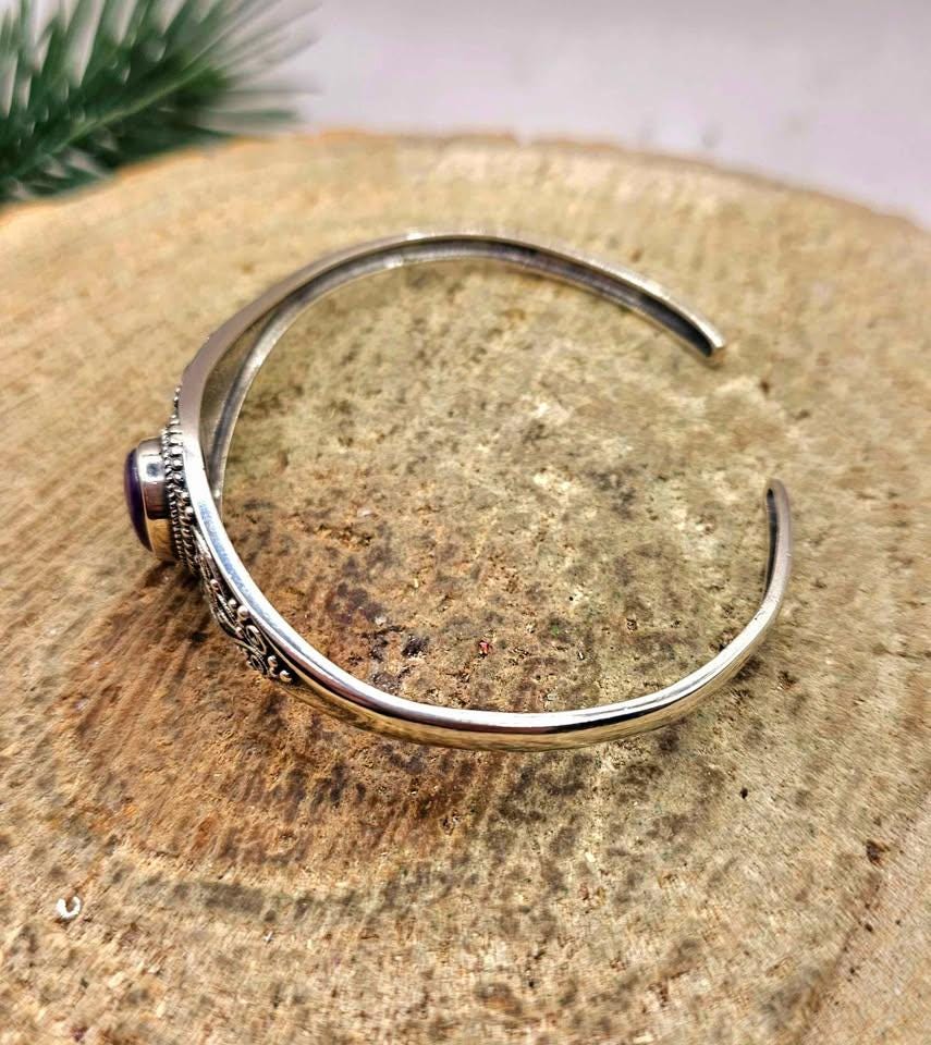 Nature Sugilite Sterling Silver S925 Stamped Cuff Bangle