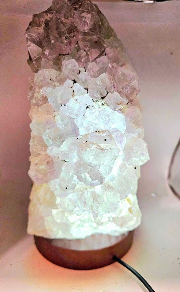 Large Amethyst Geode Cluster Lamp With Wood Lamp Base