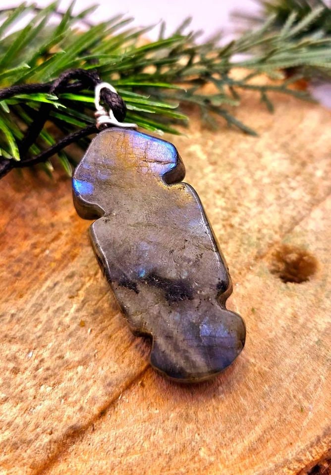 Nature Labradorite Carved Evil Shield Pendant Necklace