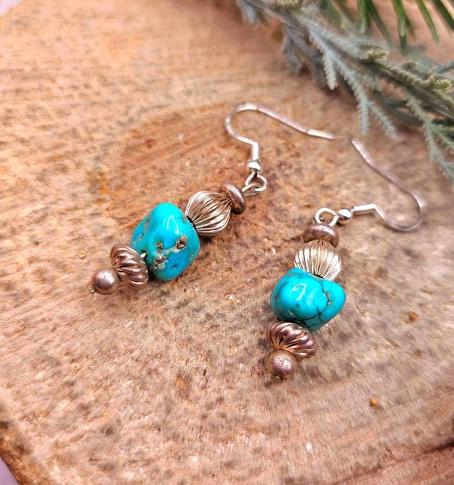Beautiful Nature Turquoise Raw Stone Sterling S925 Dangle Earring