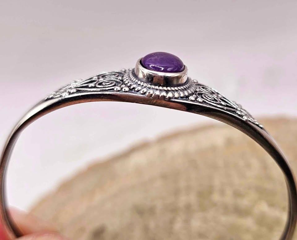 Nature Sugilite Sterling Silver S925 Stamped Cuff Bangle