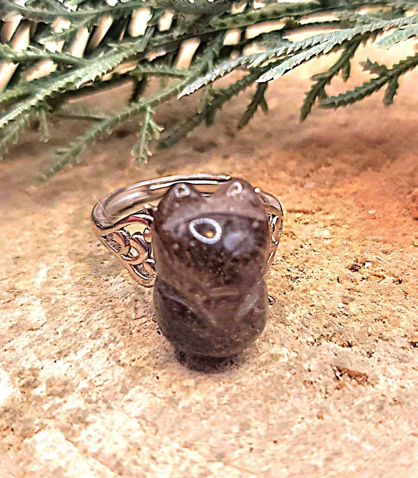 Beautiful Nature Phantom Quartz Hand Carved Fox Adjustable Ring