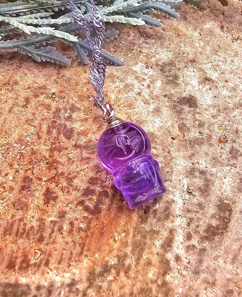 Cute Nature Amethyst Carved Doraemon Gadget Cat Pendant Necklace