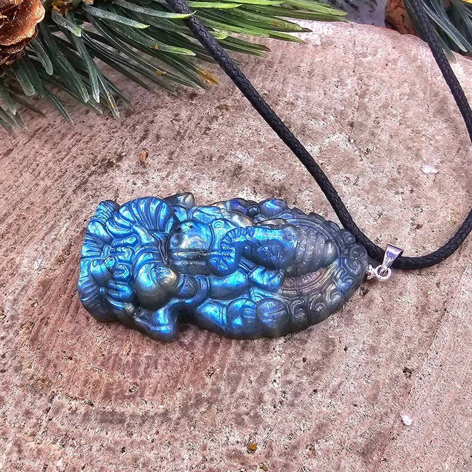 Nature Labradorite Flashy Carved Elephant God Ganesha Pendant Necklace