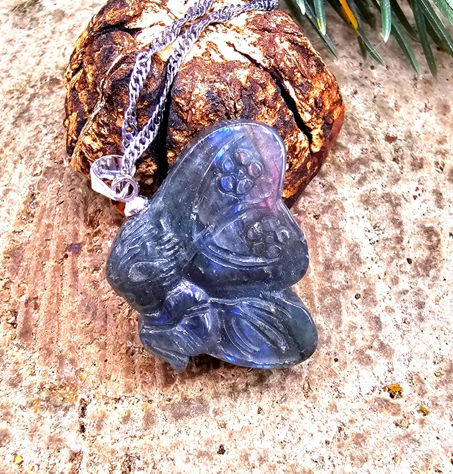 Nature Labradorite Carved Flashy Sleeping Butterfly Fairy Pendant Necklace