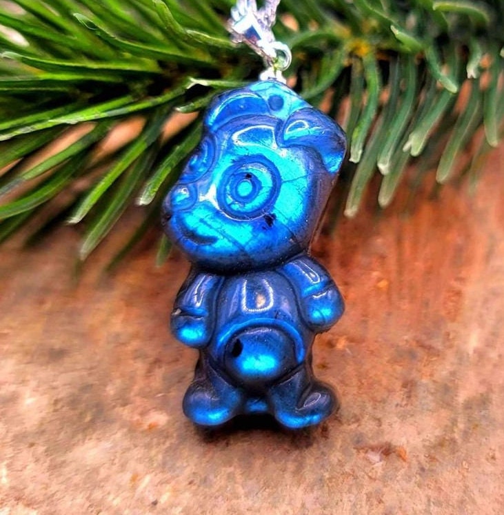 Nature Labradorite Flashy Carved Cute Dog Pendant Necklace