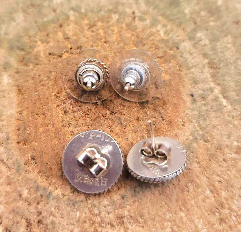 Beautiful 2 Pairs Of Nature Turquoise & Sterling Silver Patterned Earstuds