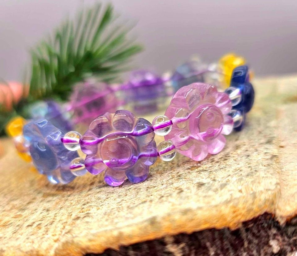 Beautiful Nature Rainbow Fluorite Happy Sunflower Bracelet